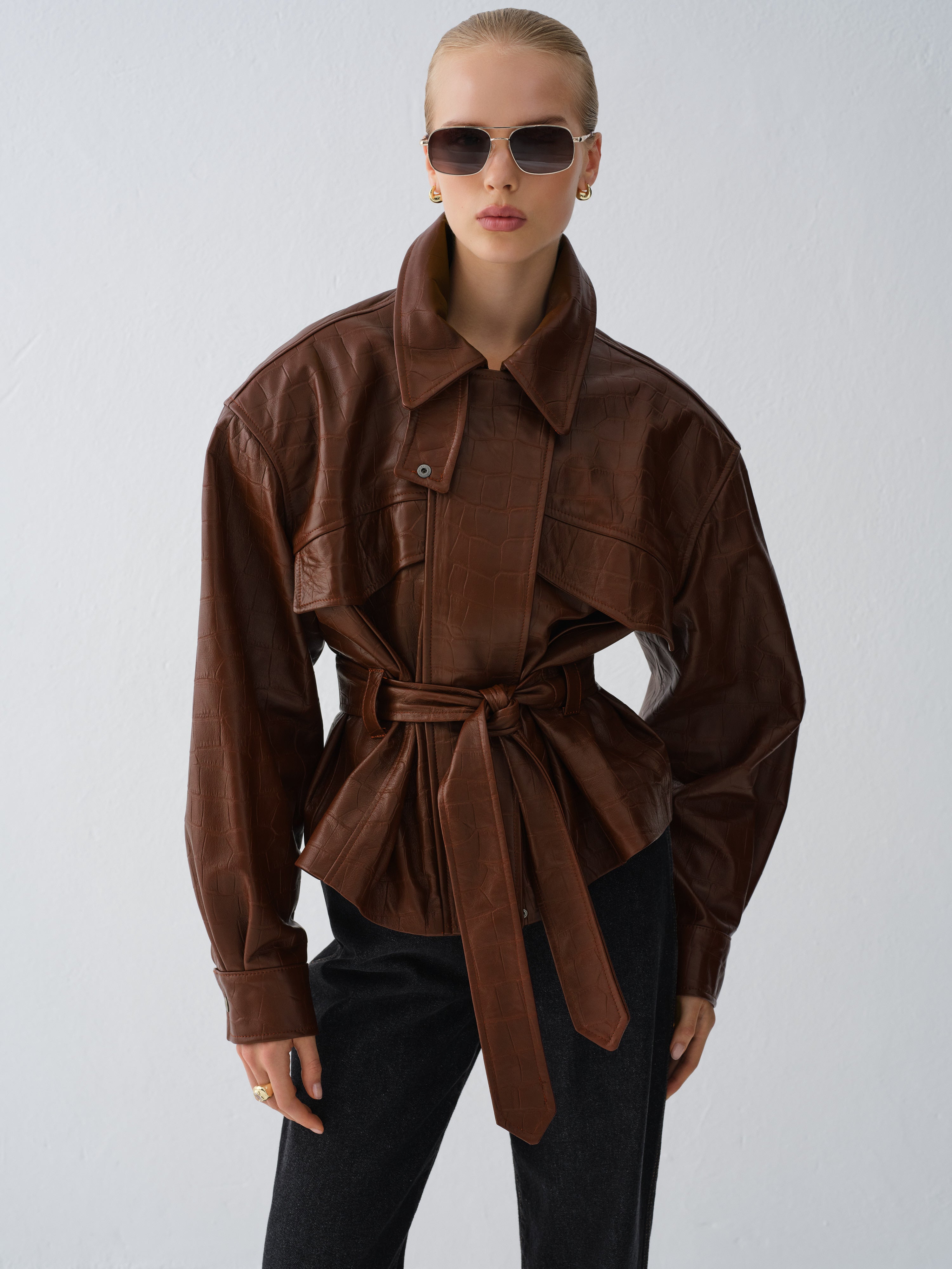 KURTKA SKÓRZANA HAMBURG CROCODILE BROWN
