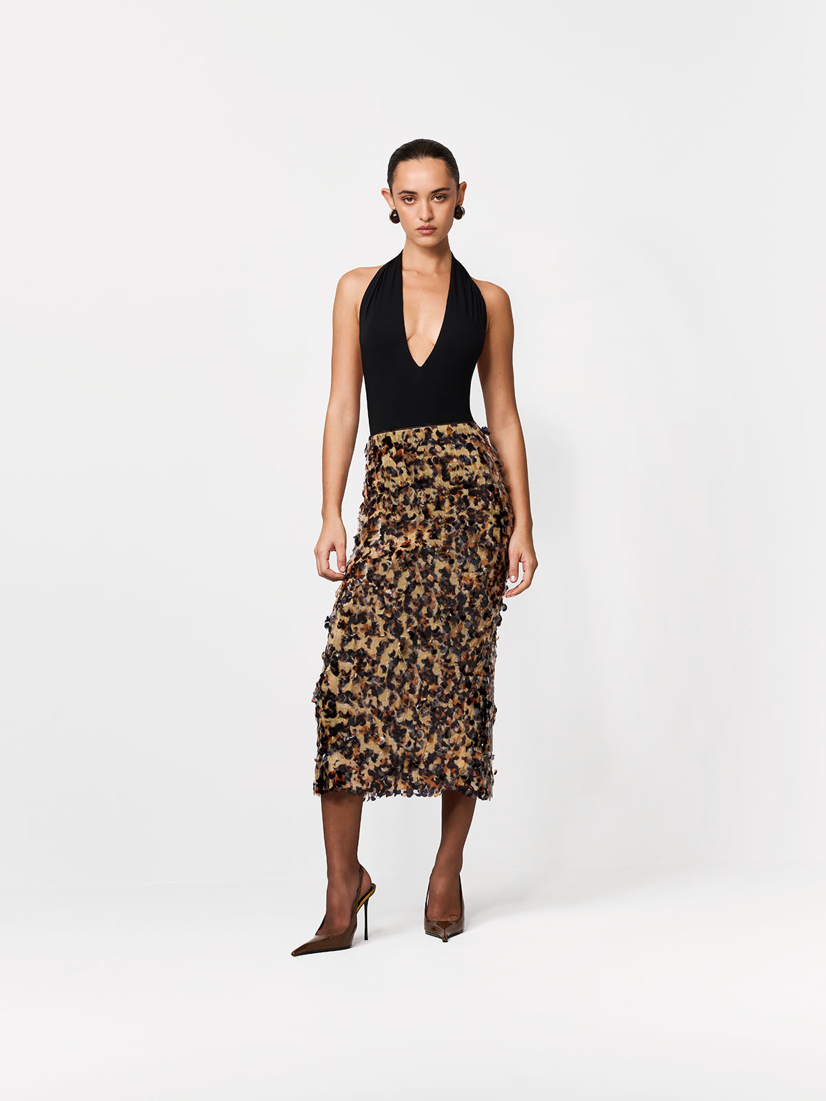 SPÓDNICA MIDI ARC BLACK-AMBER